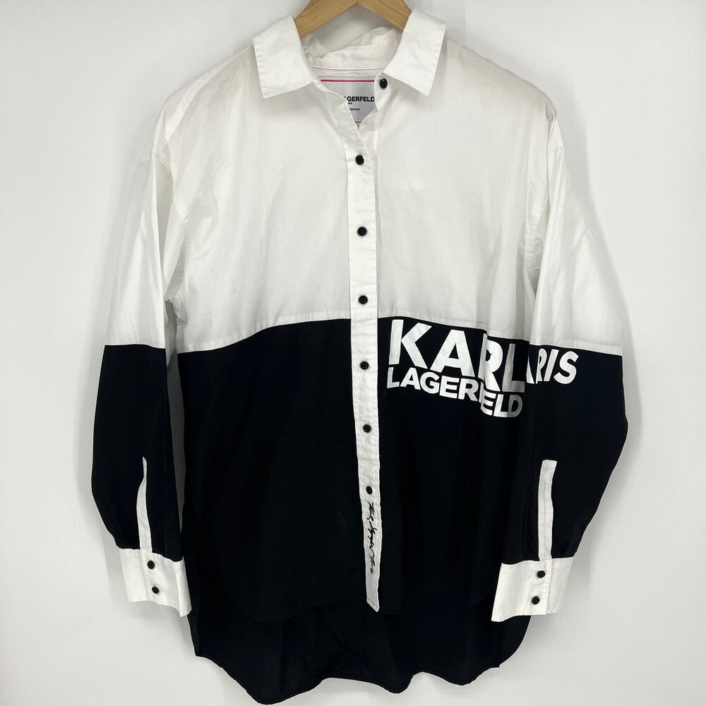 KARL LAGERFELD Paris Limited Edition Black White Button Blouse Size S **READ**